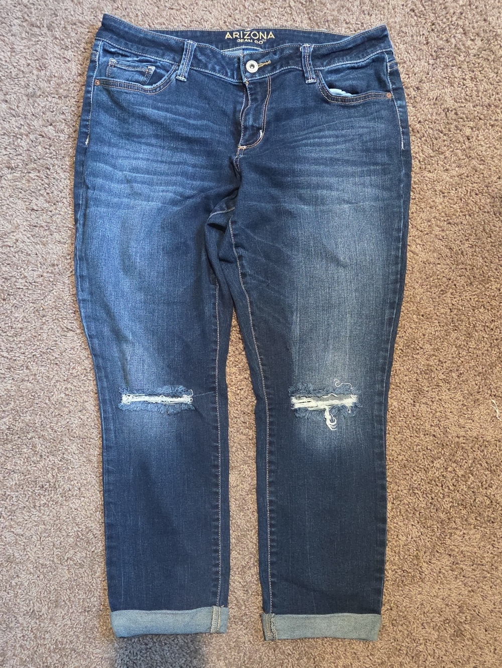 Arizona Jean Company Medium Dark Blue Distressed Boyfriend Jeans